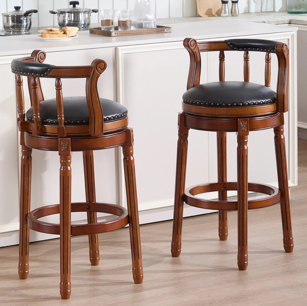 Sgabello da bar girevole 55x55x34 cm con schienale curvo in pelle e legno nero