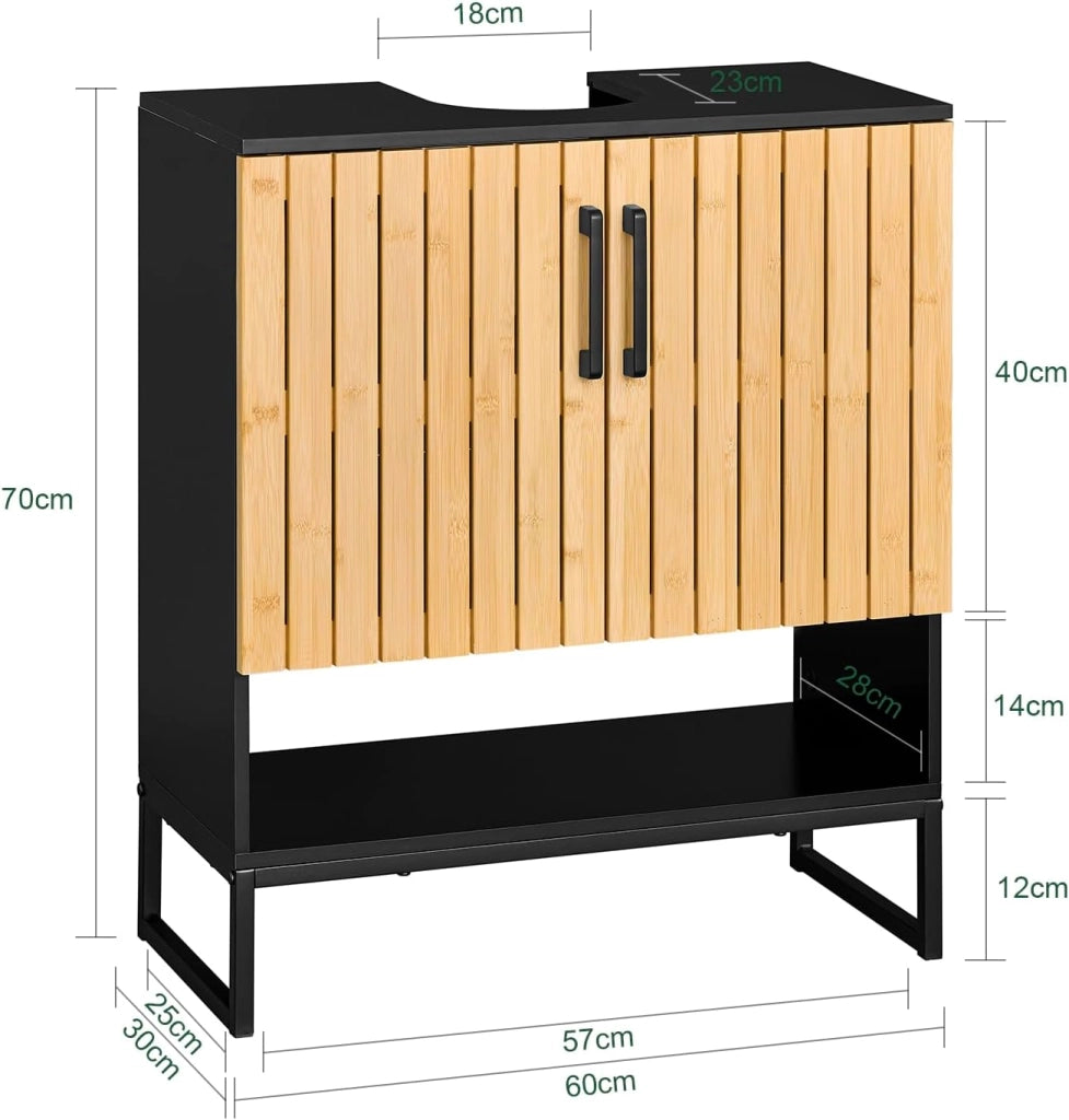 Mobile Sottolavabo Bagno 60 cm Mobiletto Salvaspazio con Ante in Bambù e Piedini in Metallo Armadietto Moderno Sotto Lavabo per Bagno Piccolo BZR202-SCH