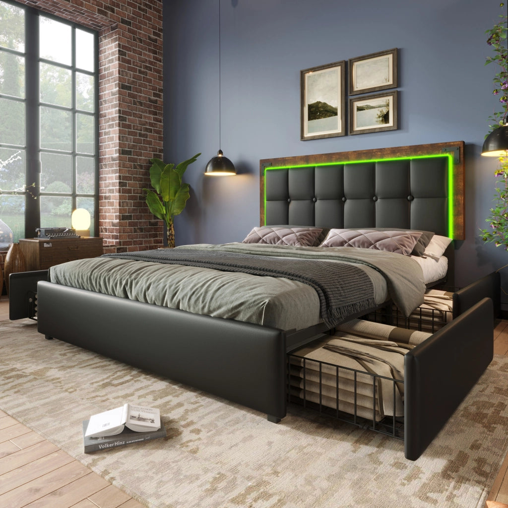 Letto Imbottito Matrimoniale con LED e 4 Cassetti ¨C MINIMAL ¨C Testiera Regolabile, Similpelle Nero, 160x200