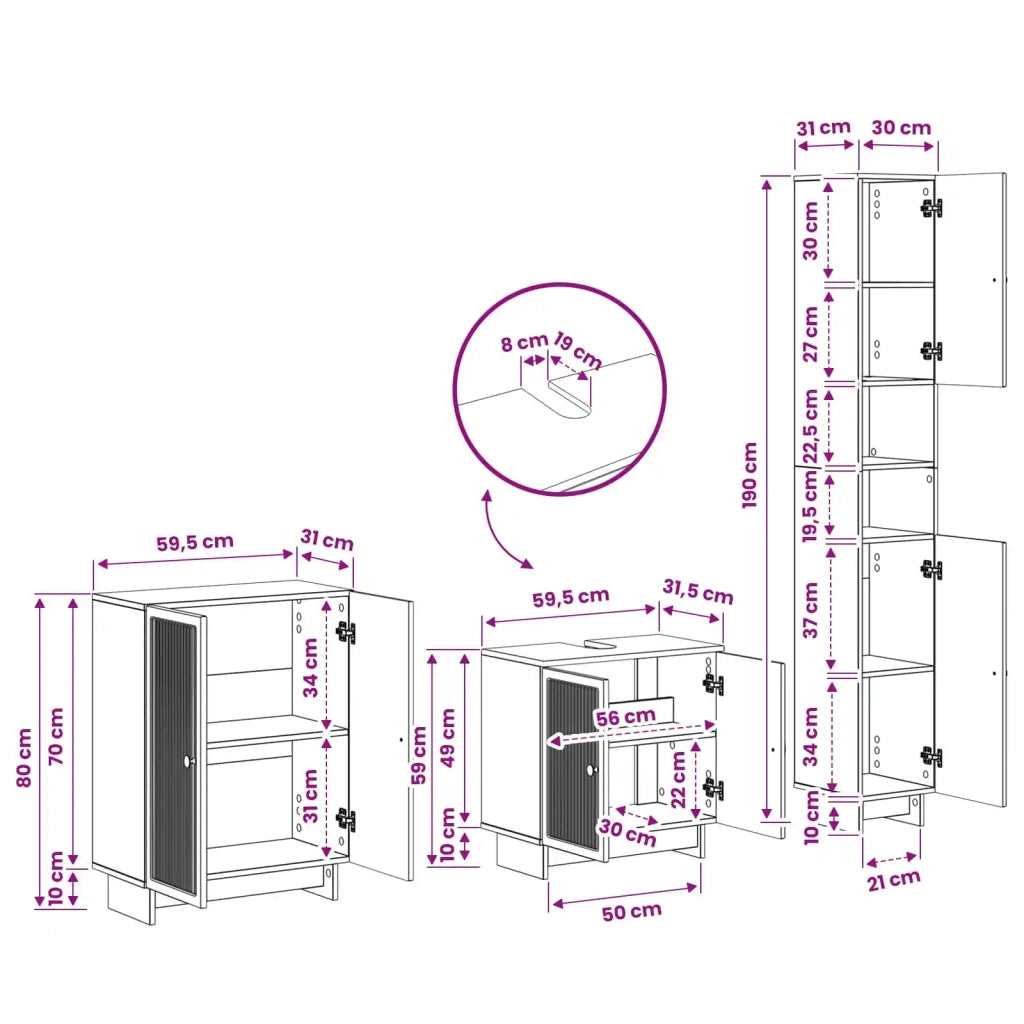 Set di armadietti da bagno in 3 pezzi EDE Rovere Fumo 3417419