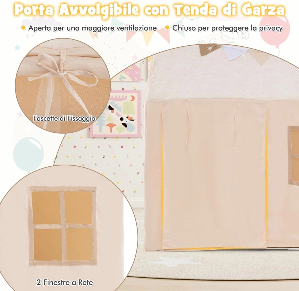 Tenda Casetta per Bambini con Tetto Stellato Luminoso nel Buio, Tenda per Bambini con Luci e Bandierine, Tenda da Gioco con Porta, 2 Finestre e Tappetino, per Interno ed Esterno (Beige)