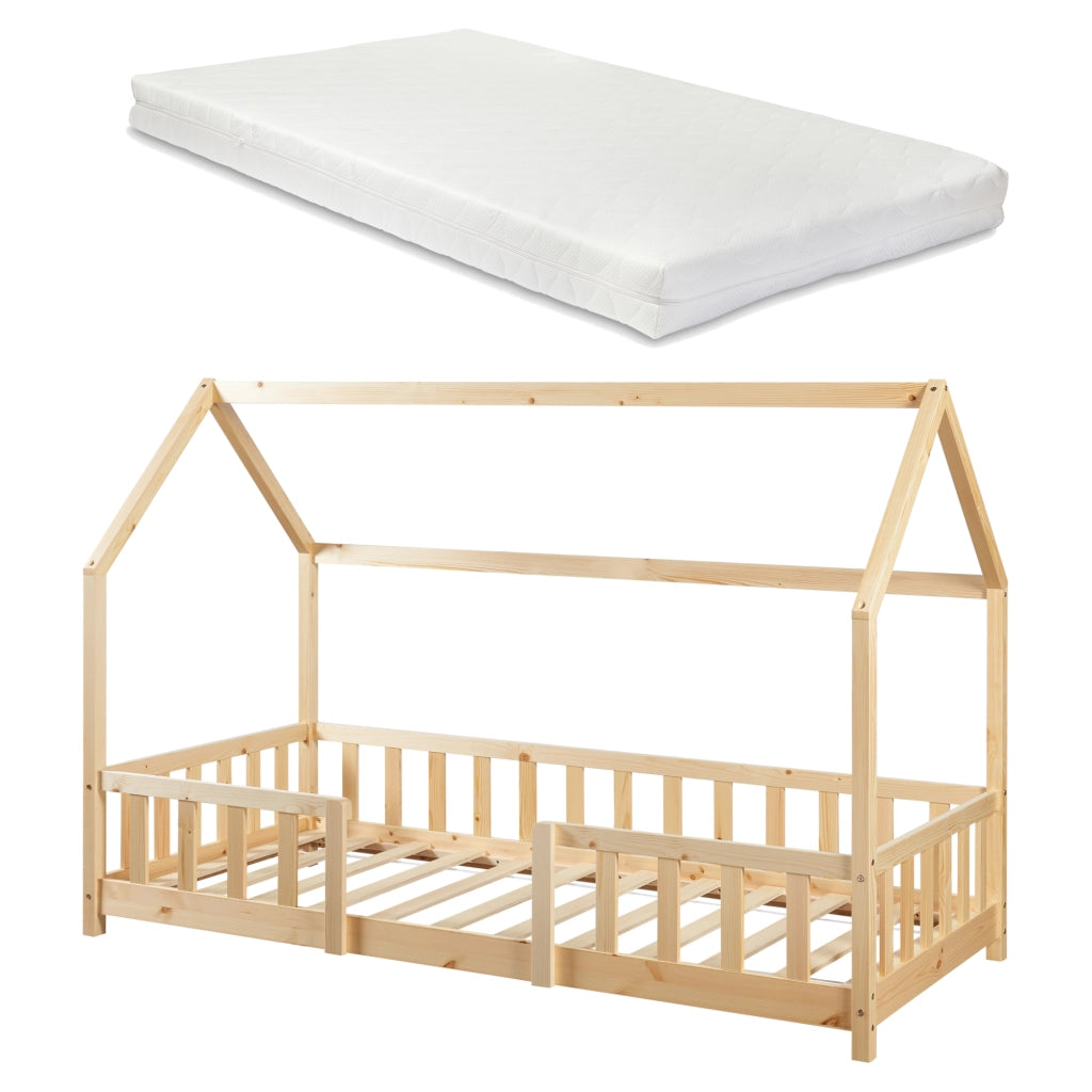 Letto per Cameretta Sisimiut a Forma di Casetta con Materasso 90x200 cm Color Legno Naturale [en.casa] [neu.haus]