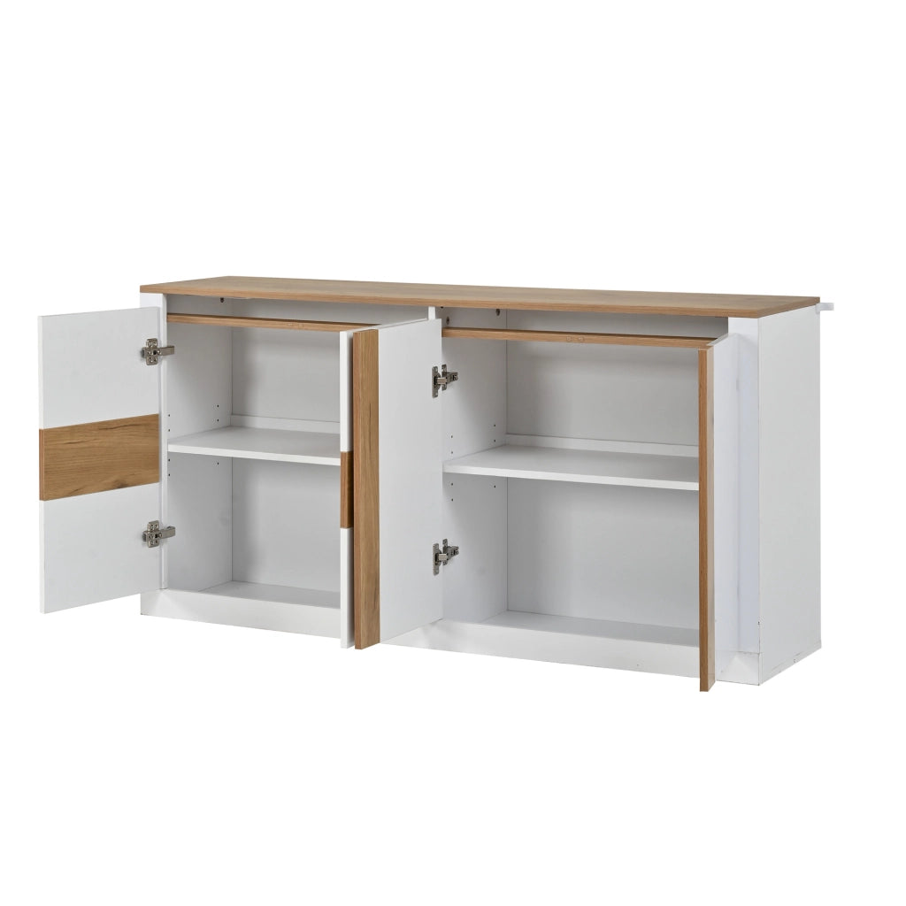 Sideboard 140¡Á35¡Á70 cm in MDF, 4 ante scorrevoli, LED RGB, finitura bianco lucido/effetto legno naturale e ripiani regolabili.