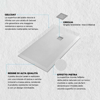 Piatto doccia 90x90 semicircolare resina bianco pietra filo pavimento  Loren