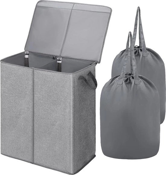 Wastino 135 litri, 2 cassetti con coperchio e sacchetti lavanderia rimovibili, lavanderino pieghevole con maniglie, lavanderino condiviso per camera da letto, università, bagno (grigio)