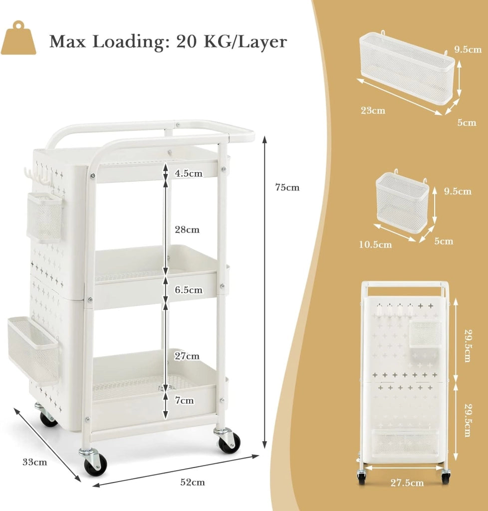 Carrello Mobile in Metallo a 3 Livelli, Carrello con Bordo di Pin, Cestini di Stoccaggio, Ganci, Carrello di Servizio con 4 Ruote, per Cucina, Bagno, Ufficio, 52x33x75cm