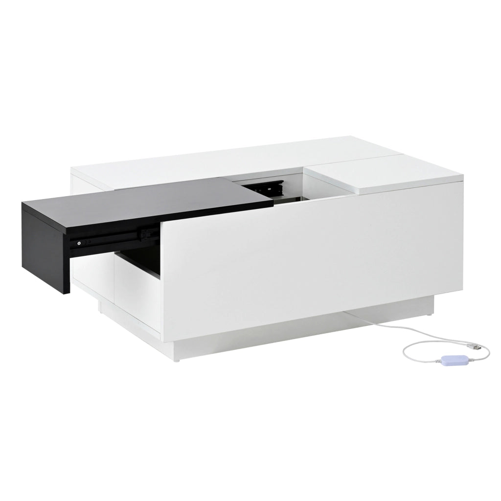 OKWISH Tavolino da Salotto Moderno con Piano Estensibile, Cassetto Nascosto Soft Close e LED Bluetooth, 80 x 50 x 35.5 cm