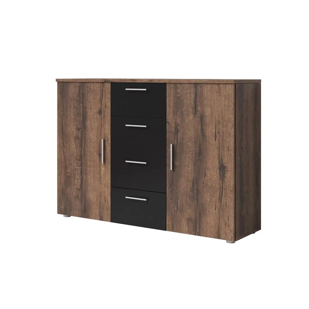Comò con 2 ante e 4 cassetti 130cm. Collezione IRINA in imitazione di rovere scuro e nero.
