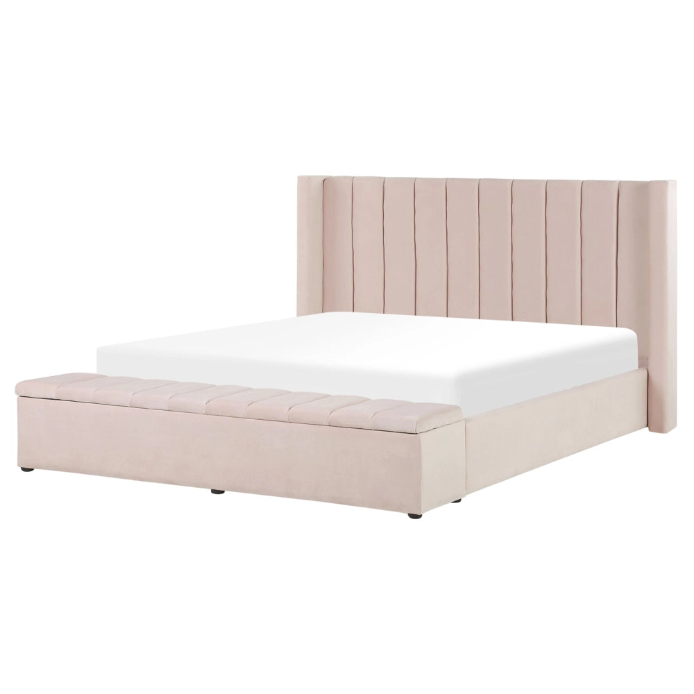 Letto matrimoniale ad acqua in velluto rosa pastello con cassapanca 160 x 200 cm moderno glam morbido materasso camera da letto