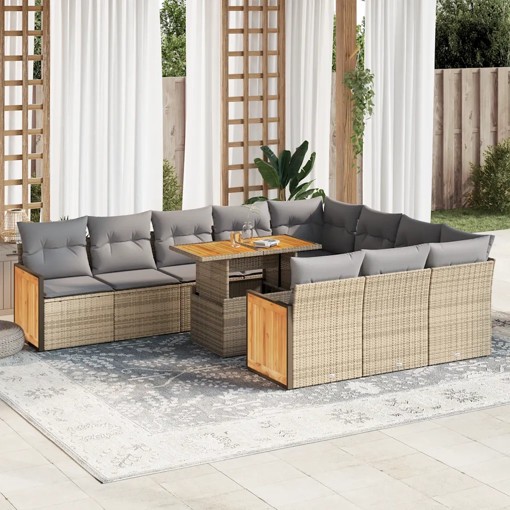 Set Divani da Giardino 11pz con Cuscini Beige Acacia Polyrattan