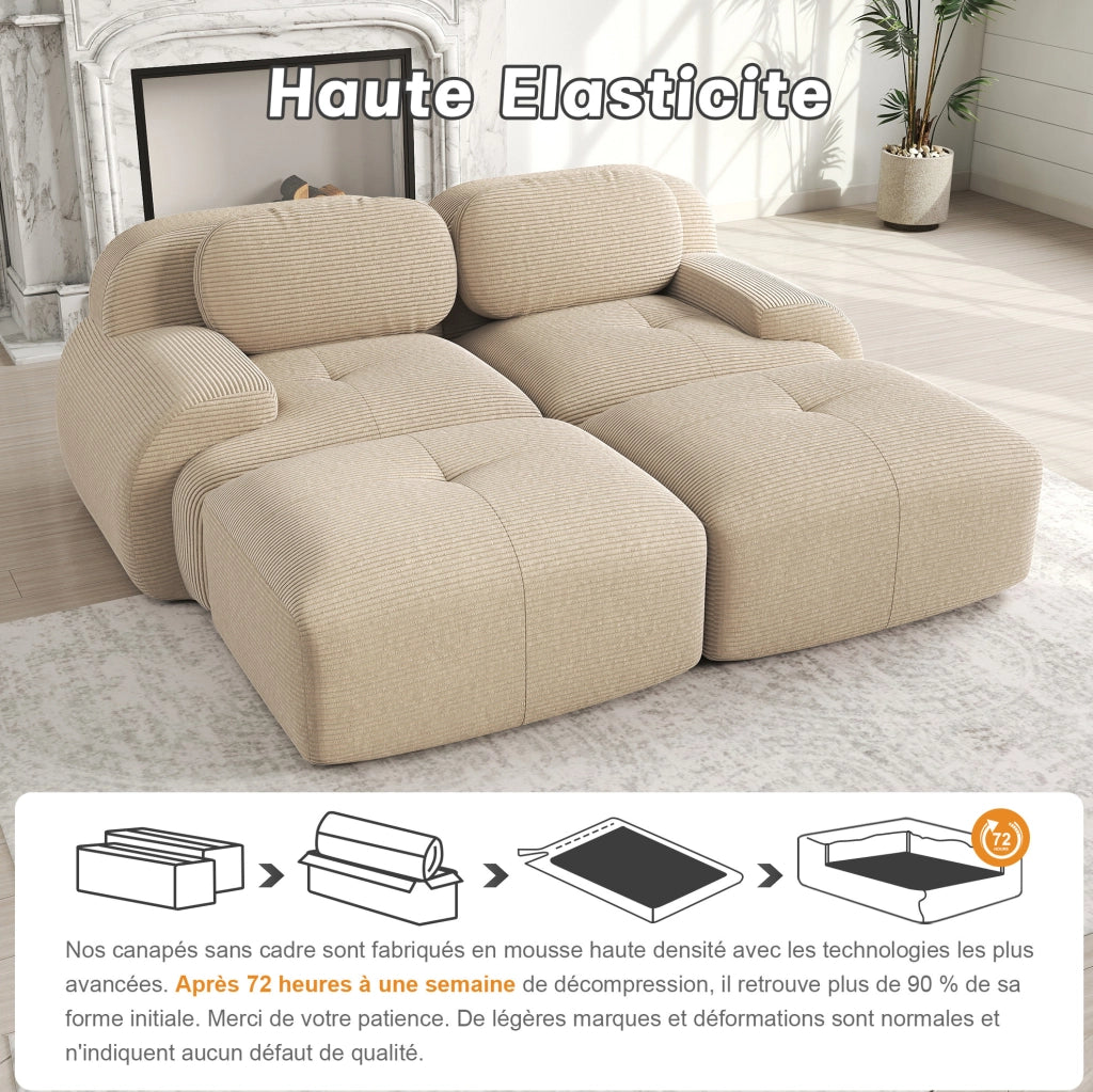 Divano 3 posti modulare in tessuto a coste beige con braccioli ergonomici e imbottitura ad alta elasticità