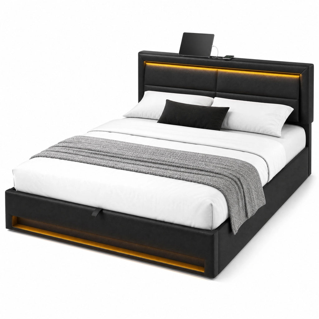Letto imbottito 140 x 200 cm con USB, LED, contenitore, struttura a doghe, PU nero