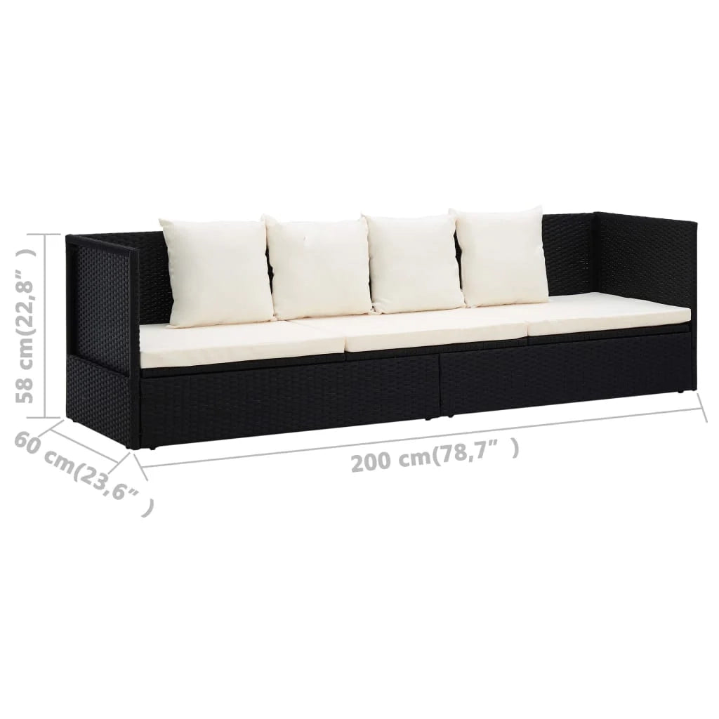 Divano chaise longue in resina intrecciata nera con cuscino e guanciali 02_0012001