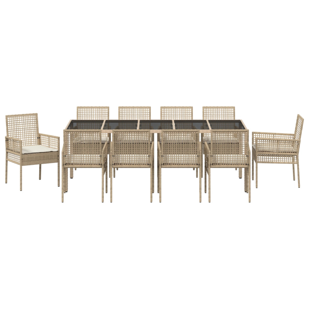 Set da Pranzo per Giardino da 11 Pezzi con Cuscini Beige Polyrattan