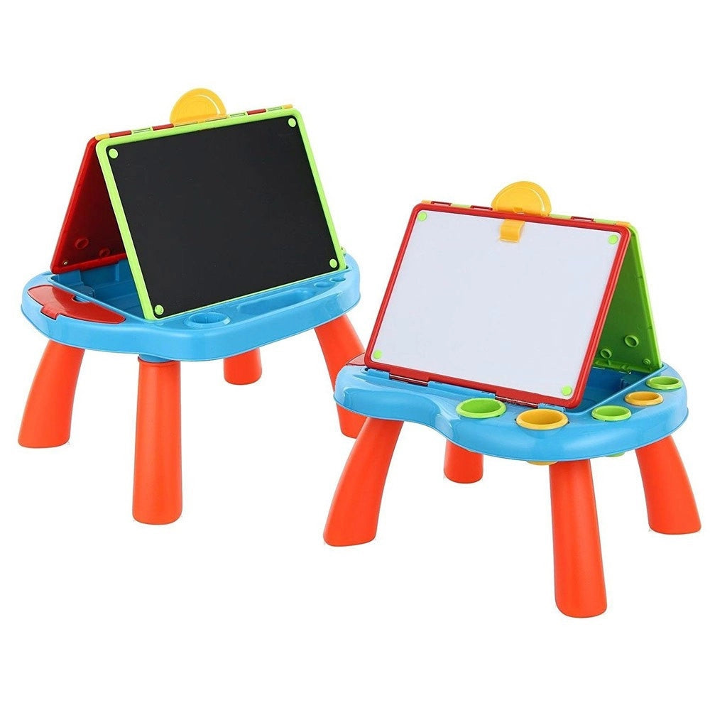 Trade Shop - Tavolo Con Doppia Lavagna Per Bambini Scomparti Porta Accessori Puzzle E Gessi -
