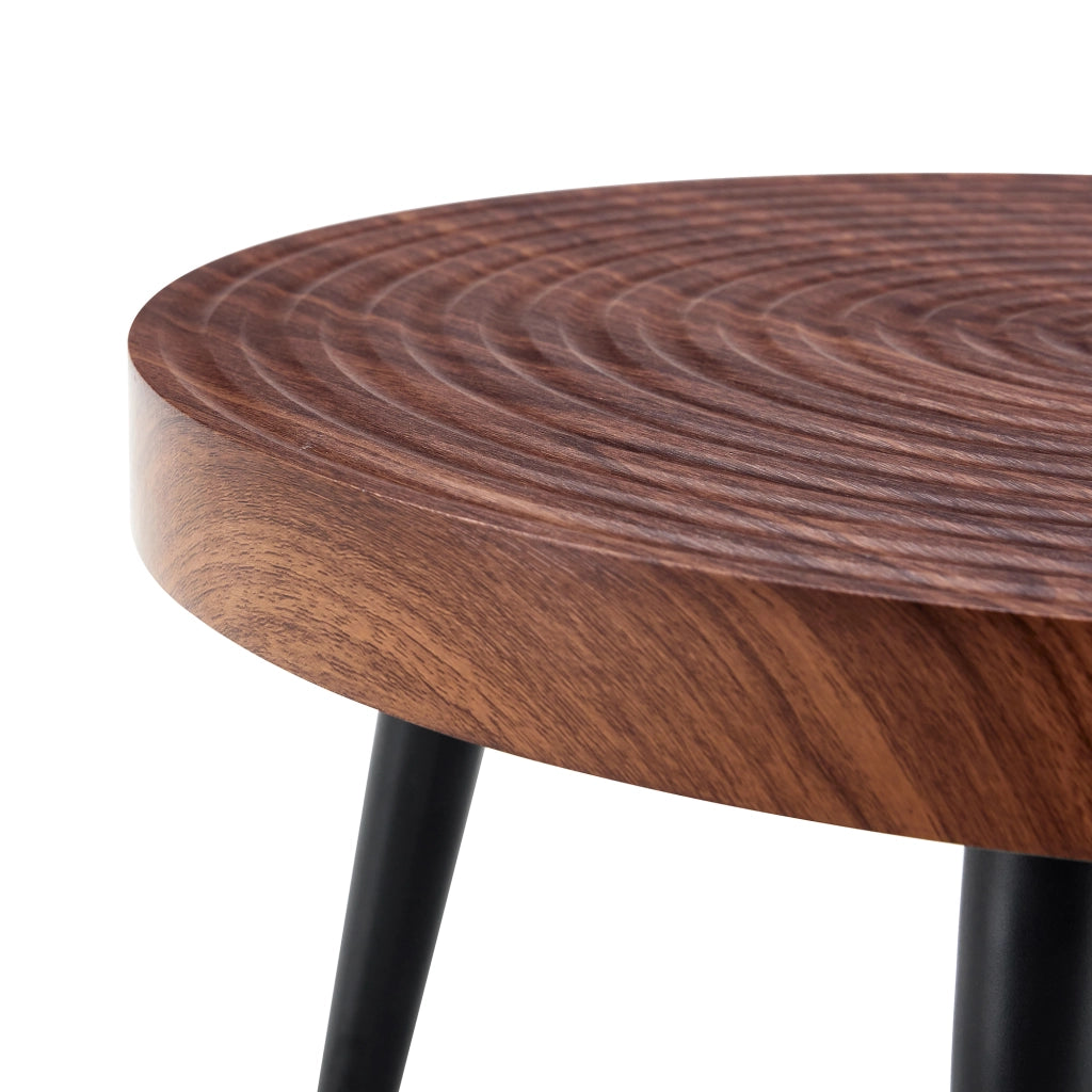 Tavolino da caffè rotondo con piano spesso 5 cm; gambe in metallo nero con piedini regolabili; noce; Ø 60 cm