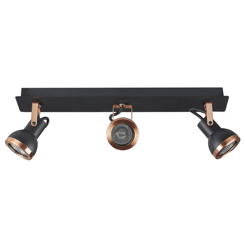 Plafoniera a 3 fuochi con braccio oscillante in metallo nero e rame con paralume a cono faretto design a binario rettangolare