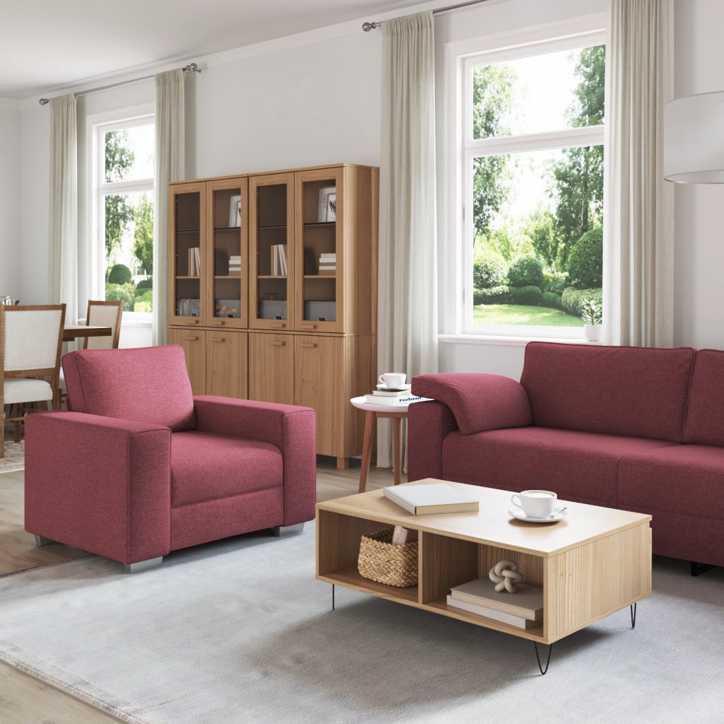 Set divano 3 pezzi con cuscini color rosso vino in tessuto