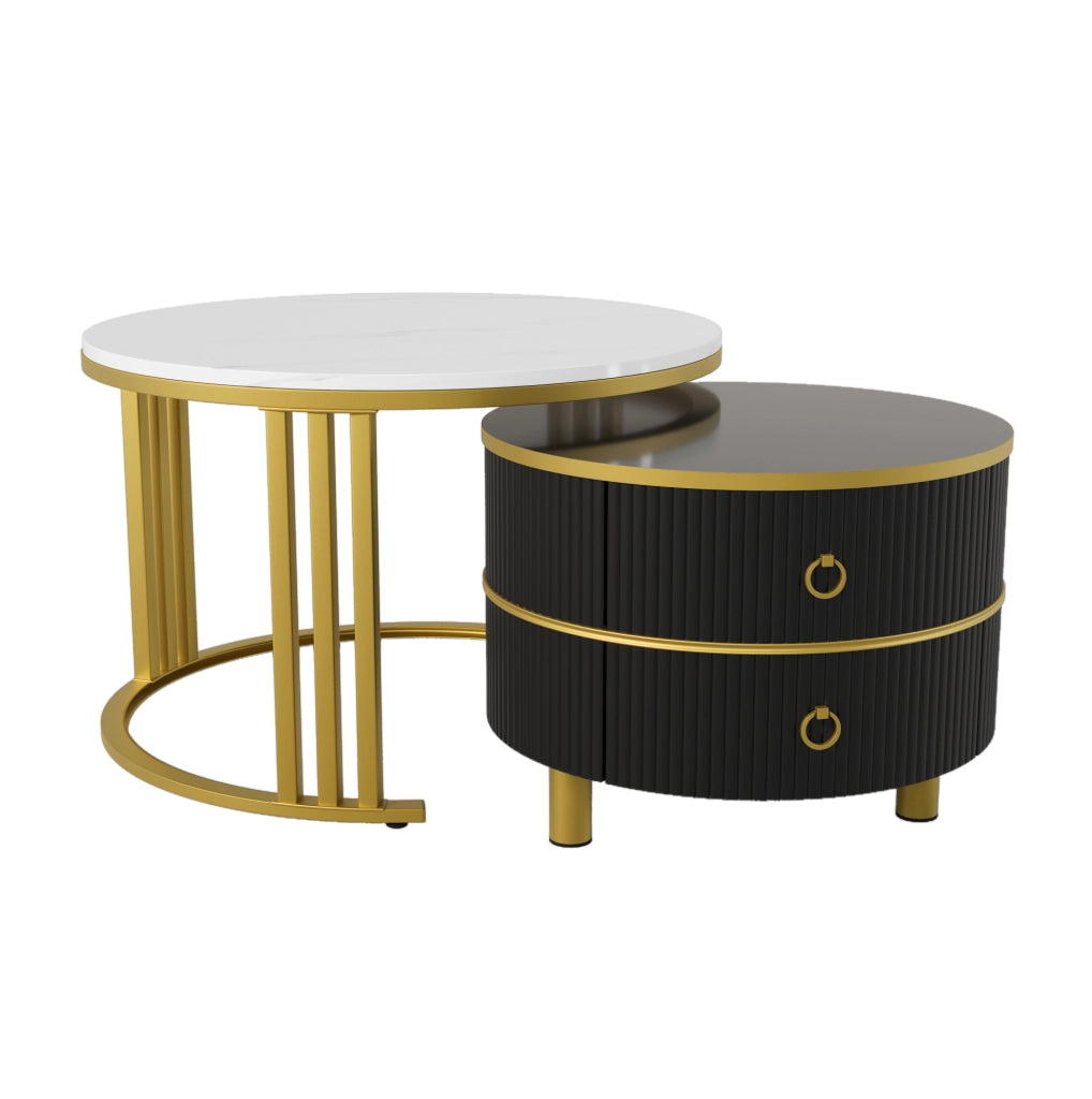 Set di 2 tavolini da caffè rotondi in MDF nero con piano effetto marmo e finitura lucida