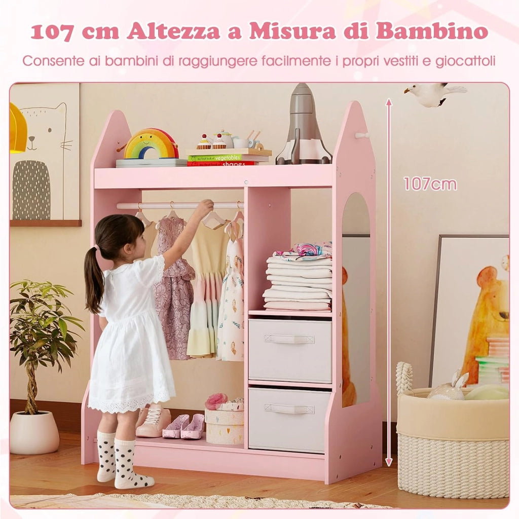 Guardaroba per Bambini, Armadio Gioco con Specchio Appendiabiti, Cassette in Tessuto Pieghevoli, Organizer per Stanza e Camera da Letto, 81 x 38 x 107 cm (Rosa)