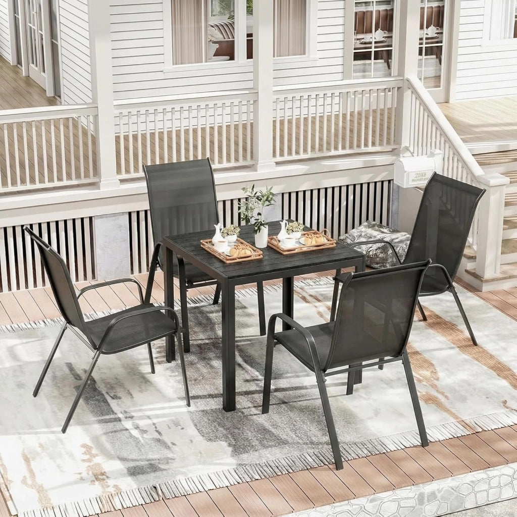 Set di mobili da giardino, 5 pezzi, con 4 poltrone impilabili e 1 tavolo quadrato WPC, mobili da balcone, mobili da terrazza per tutte le stagioni, terrazza, giardino ed esterni
