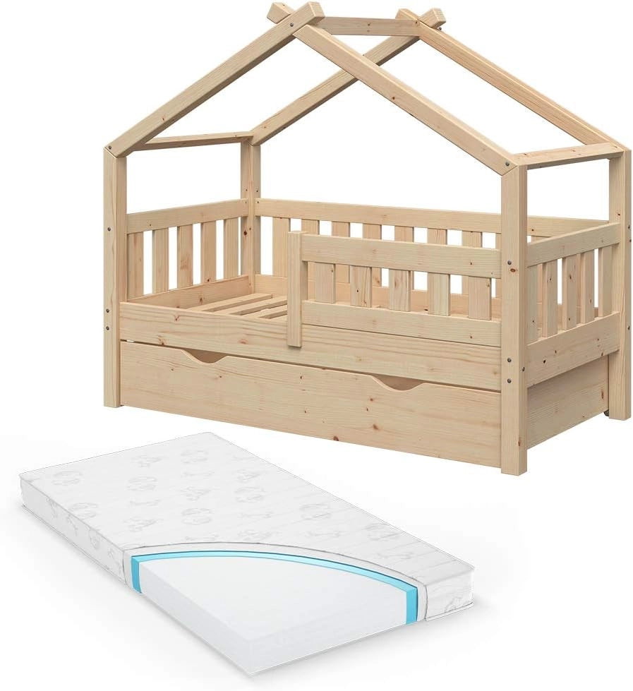 Letto montessori bambini Design, Legno naturale, 90x200 cm con letto per ospiti e 2 materassi, con sponda anticaduta e rete a doghe per un sonno sicuro