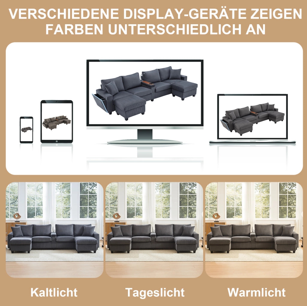 Divano a U in velluto a coste grigio con LED, USB/Type-C, 2 pouf e lampada