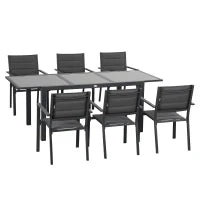 Set da Giardino con Tavolo Allungabile in Vetro e 6 Sedie con Seduta Traspirante, Grigio Scuro