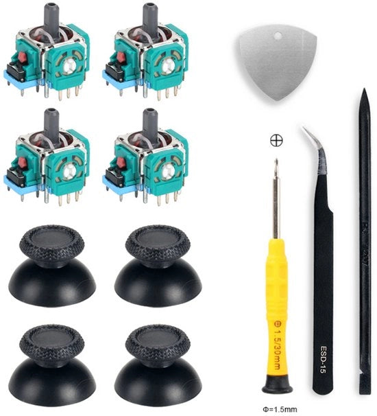 Set di riparazione per il joystick di un controller compatibile con PS5 con chiave a stella, pinzetta e coperture joystick.