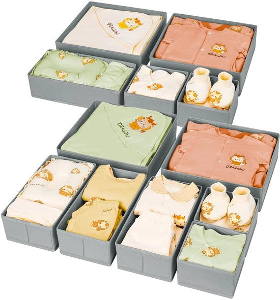 Organizzatore di carico - 12 contenitori di stoffa, organizzatore di capi d'abbigliamento pieghevole per vestiti, calze, asciugamani, grigio