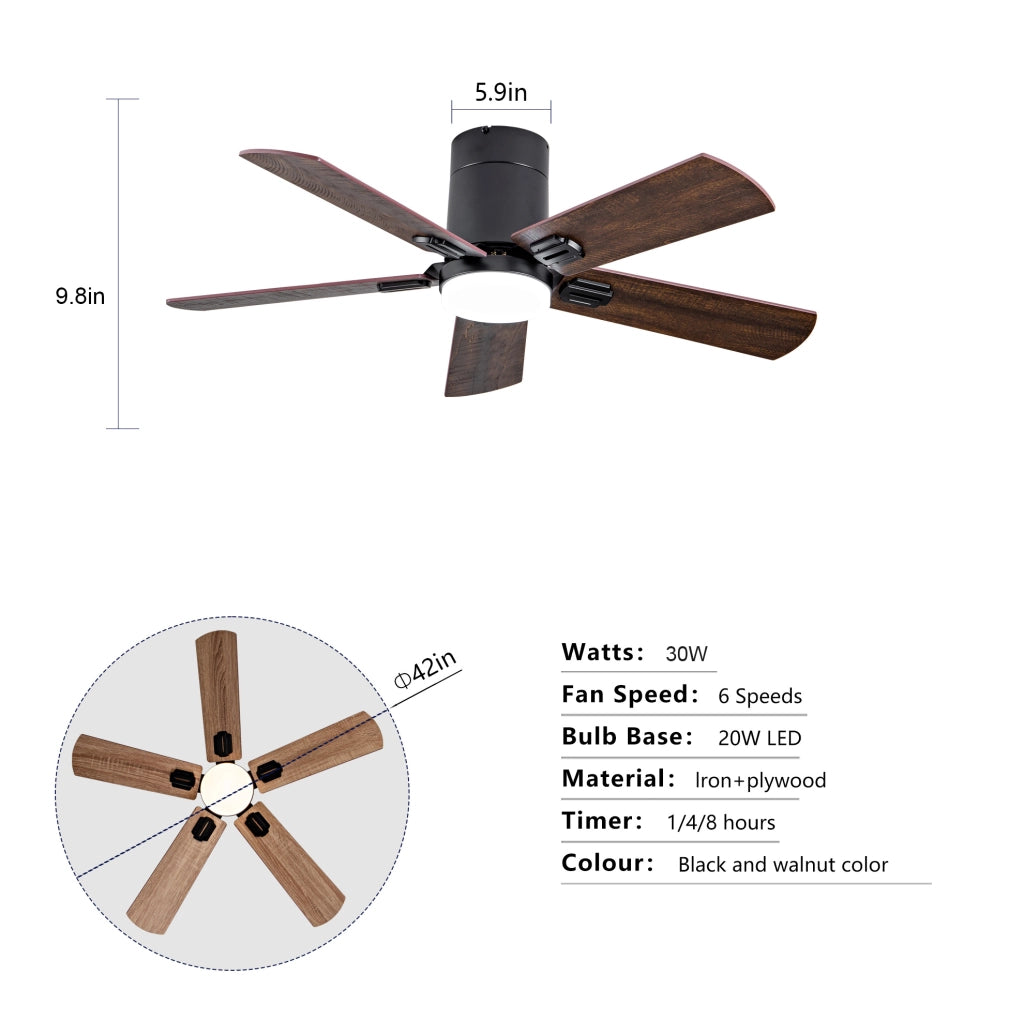 Ventilatore da soffitto 42 pollici a profilo basso con LED dimmerabile; nero e noce scuro