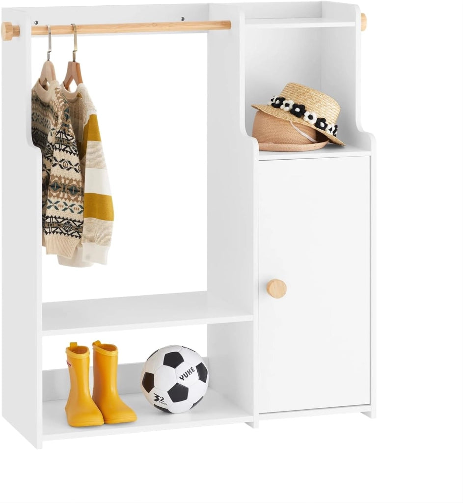 Armadio Cameretta Armadio Bambini con 4 Ripiani e 2 Ganci Laterali Guardaroba con Appendiabiti per Bambini Bianco 94x35x110cm KMB110-W