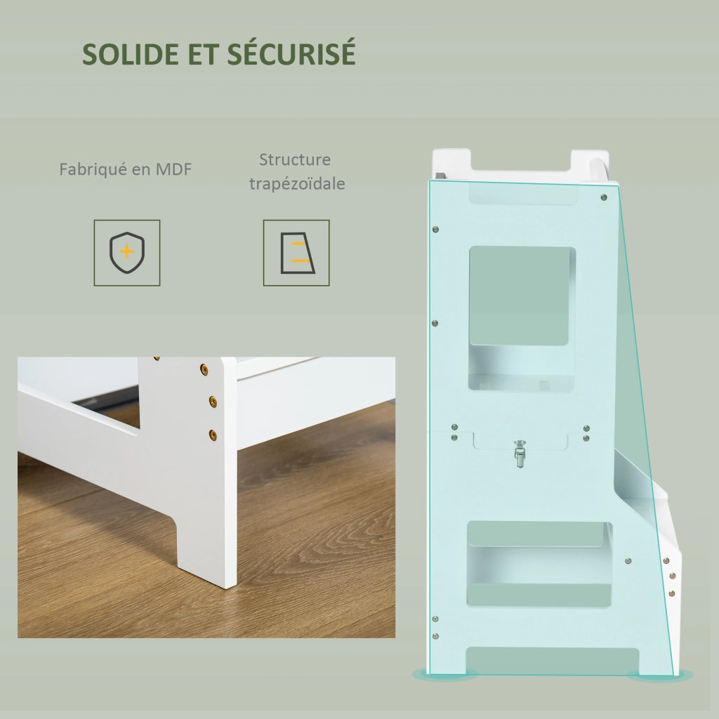 Torre di Apprendimento per Bambini 3 in 1 con Barre, Bordo di Sicurezza e Lavagna ¨C Zephmum ¨C Bianco