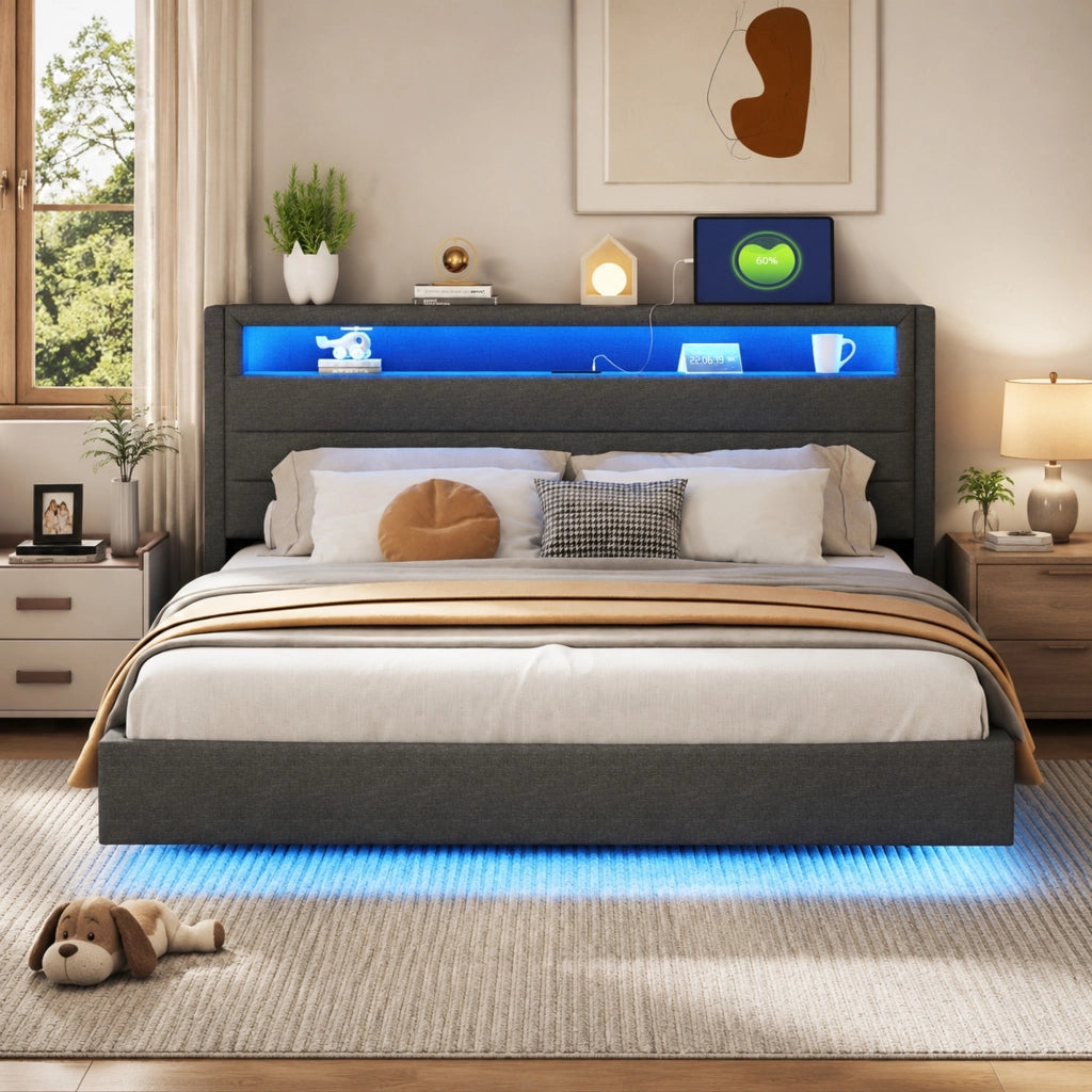 LETTO Imbottito 160x200 cm Grigio con USB e luci LED