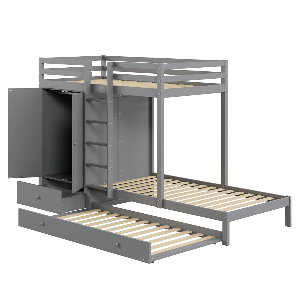 Letto a Castello 90x200 cm; con Letto Estraibile; Guardaroba; Cassetti e Ripiano; Grigio