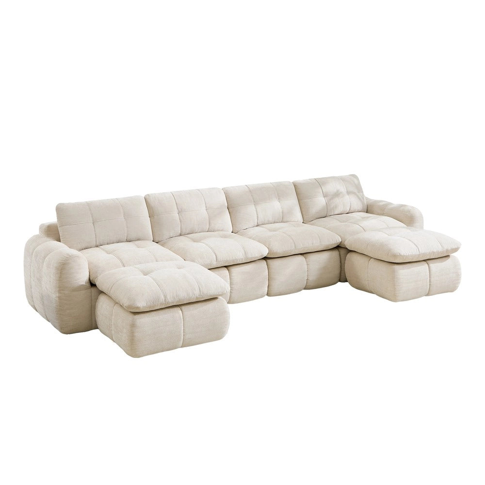 Divano 4 posti con 2 poggiapiedi ¨C Minimal ¨C Beige tessuto imbottito