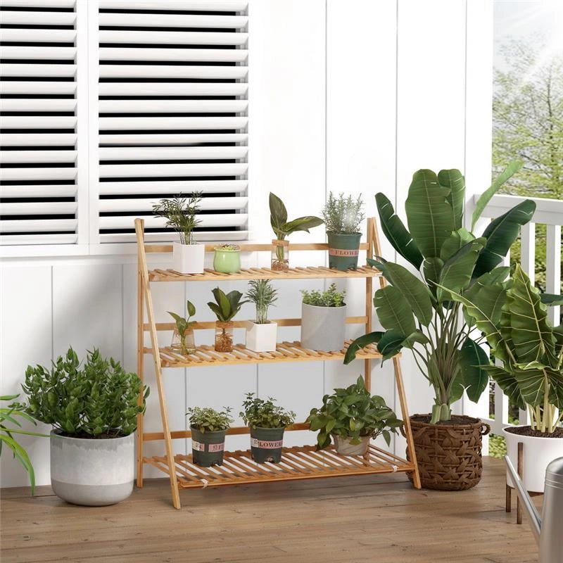 FIORIERA DA ESTERNO A 3 LIVELLI IN BAMBÙ CON DESIGN RIALZATO E PIEGHEVOLE, 98X37X96.5 CM, COLOR LEGNO