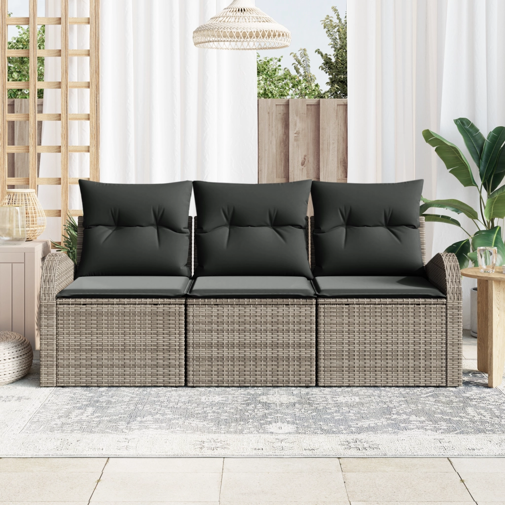 Set di divani da giardino a 3 pezzi con cuscini grigi in polyrattan