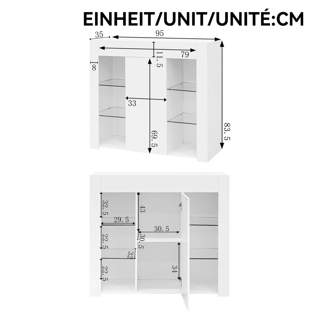 Credenza moderna bianca con frontale lucido e ripiani in vetro; 95x35x83 cm; truciolare