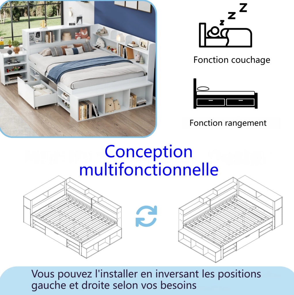 Letto per bambini 140x190 cm con cassetti e ripiani in compensato; bianco