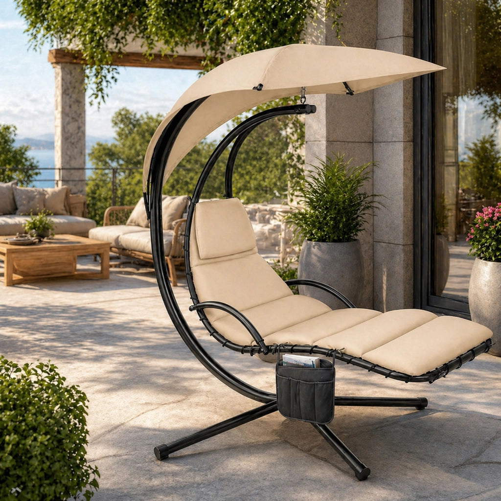 Sdraio Pensile Con Tettuccio Parasole Integrato E Cuscino Ergonomico Amaca Da Giardino In Acciaio E Poliestere 195 x 132 x 197 Cm Beige