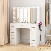 Tavolo da Trucco con Specchio e 12 Luci LED, Consolle per il Trucco con 7 Cassetti, 6 Staufächer nascosti, Truciolato, Bianco