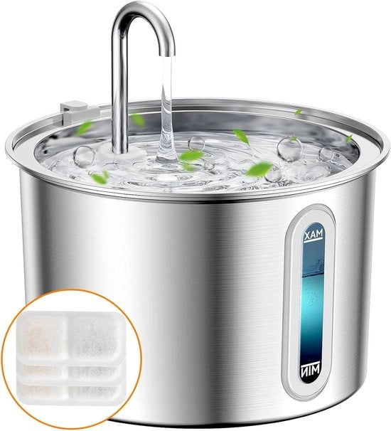 Fonte per animali da bere - 2 litri - Silenziosa - Con finestra del livello dell'acqua - 3 filtri a carbone attivi - Luce LED