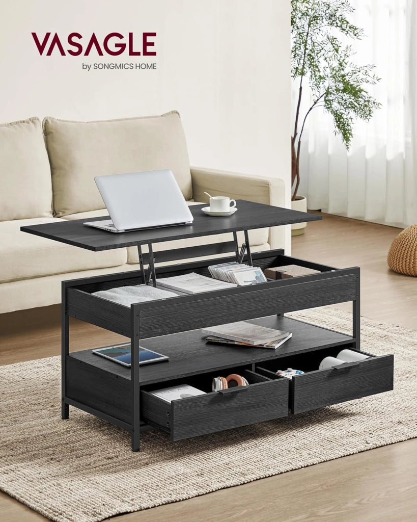 VASAGLE Tavolino da salotto con piano rialzabile, con cassetti, scomparti nascosti e ripiano aperto, grigio antracite e nero inchiostro LCT209B22