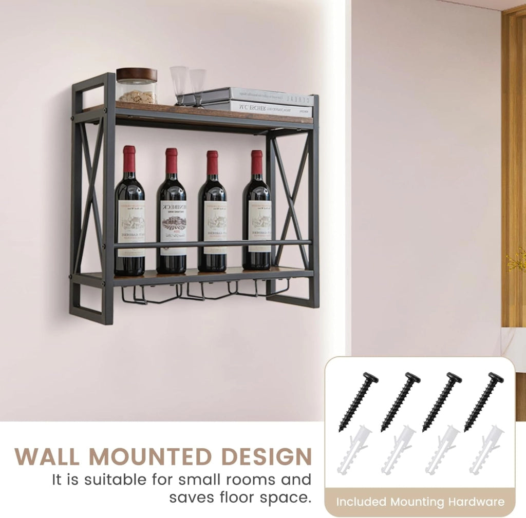 Scaffale per Vino da Parete, Portabottiglie da Parete a 2 Livelli con Supporto in Vetro, Portabottiglie da Vino per Cucina, Casa, 60x20x55 cm