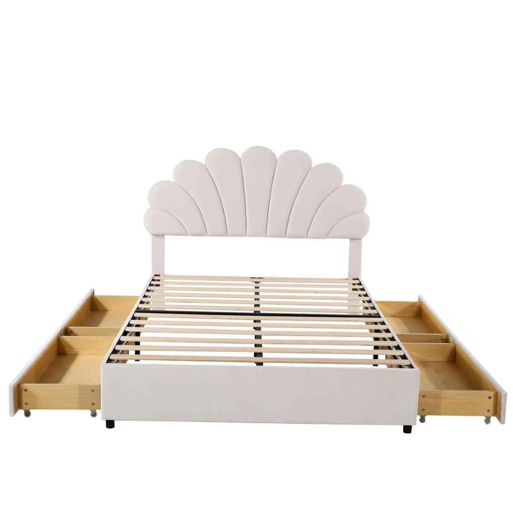 Letto imbottito 140x200 cm con 4 cassetti e testiera a fiore; velluto beige (Senza materasso)