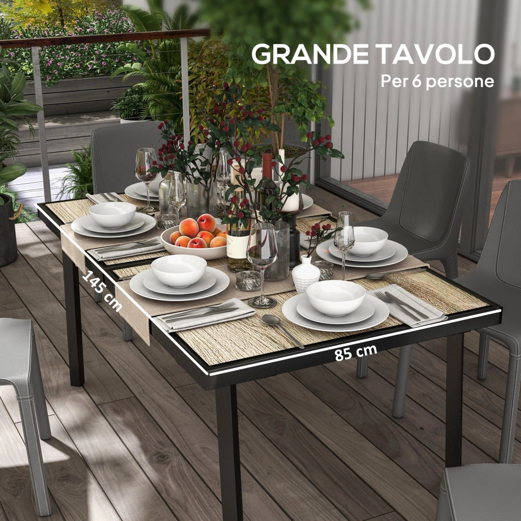 Tavolo da Giardino 145x85x72 cm con Piano Effetto Legno in Plastica PSPC e Acciaio Grigio