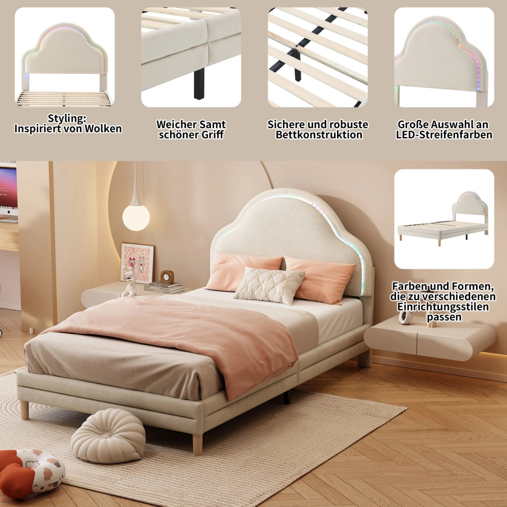 Letto imbottito con testiera a forma di nuvola e luci LED multicolore