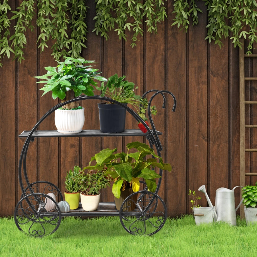 Supporto per piante in metallo da giardino a 2 livelli, Scaffale portavasi per piante in stile parigino per patio-Scaffali per piante