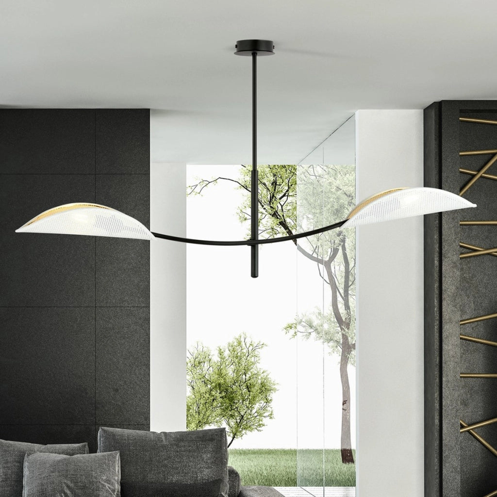 Lampada a sospensione Lotus in acciaio nero con paralumi bianco e oro